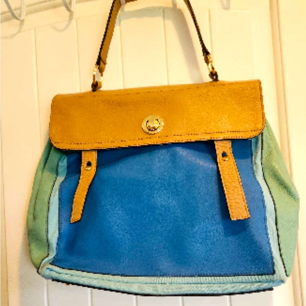 Blue, Tan and Green Large Faux Leather Tote, Shoulder, Satchel Fold Over Bag
